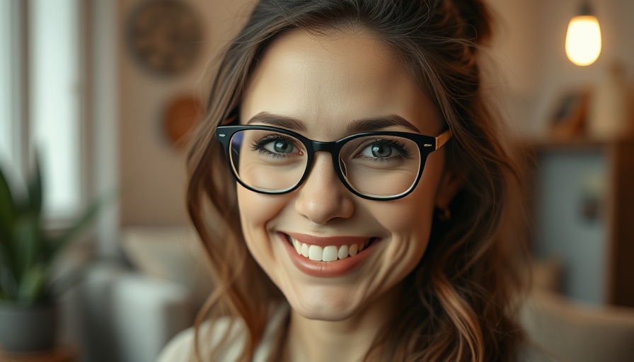 Smiling woman with glasses indoors, capturing natural light ambiance.