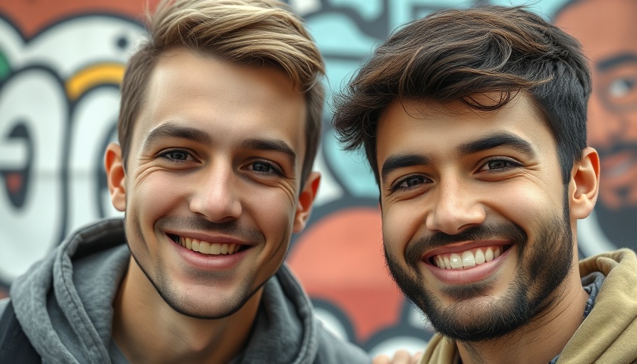 Close-up of two smiling men outdoors with a mural background