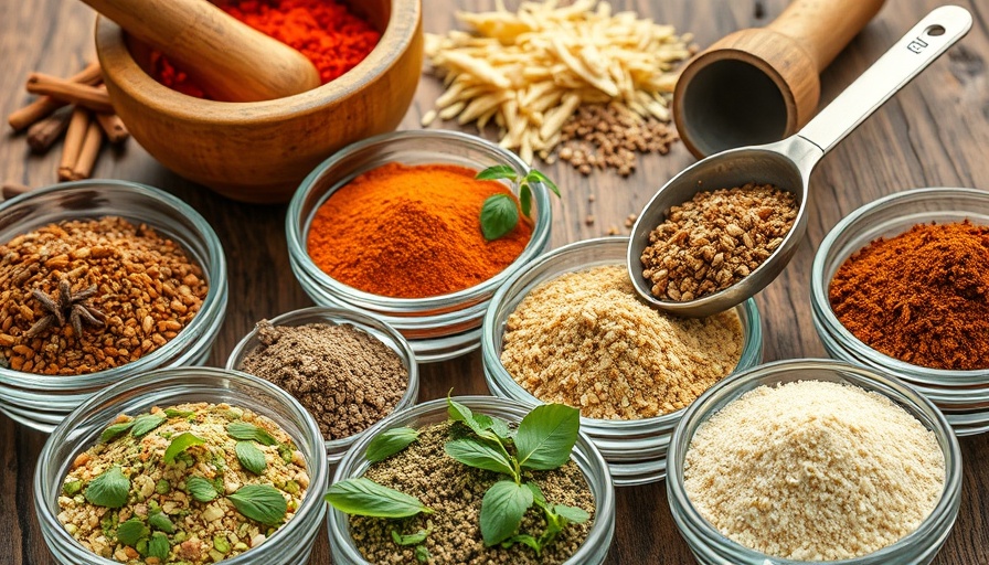 Assorted spices and herbs with all-purpose seasoning on wooden board.