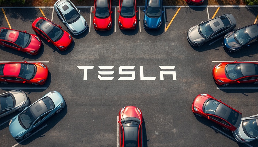 Aerial view of Tesla parking lot featuring Tesla cars and logo.