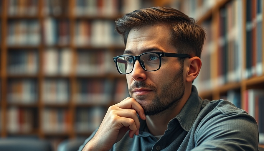 Contemplative man in library setting, Jesus YHWH theme.