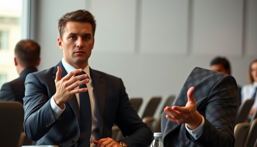 Expressive businessman in a suit gesturing during OpenAI acquisition talk.