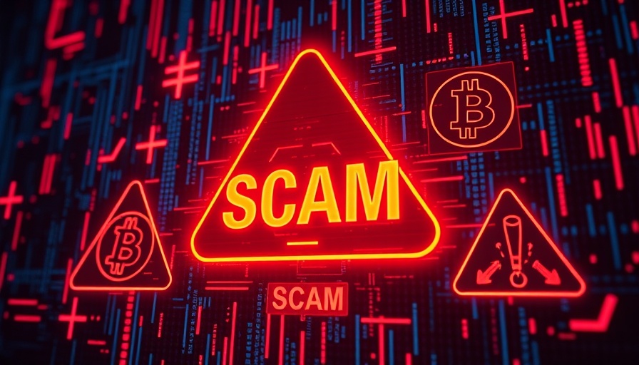 Crypto scams warning with Bitcoin symbols and glitch effects.