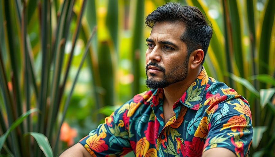 Contemplative man in garden setting, vivid shirt, thoughtful gaze.