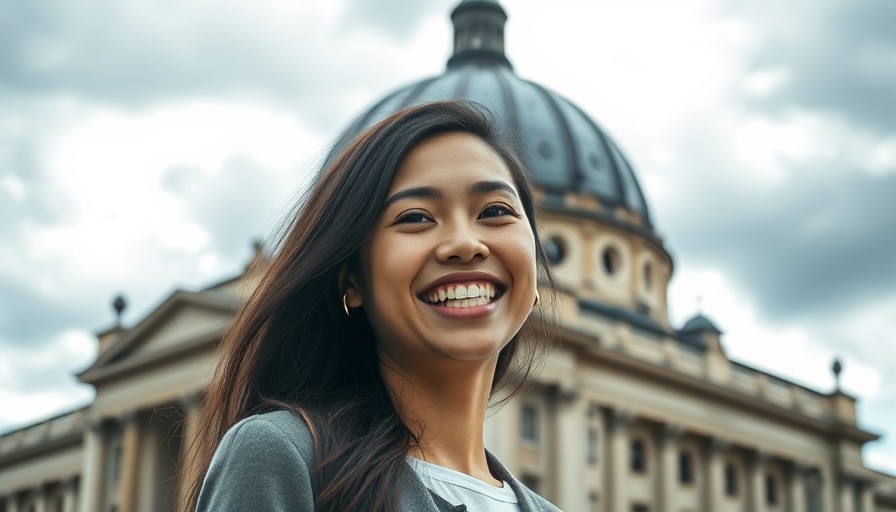 Smiling young woman in front of a landmark, 10 Percent Principle.