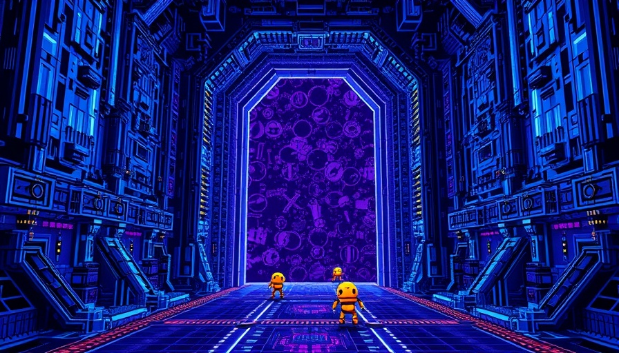 Intricate gate with AI crawlers in vibrant pixel art style.