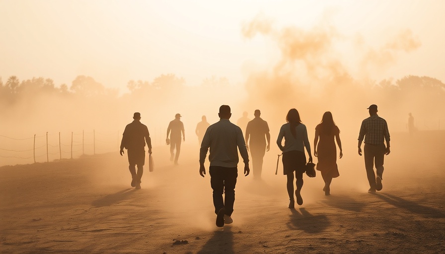 Hazy scene in Gaza with people walking through dusty landscape.