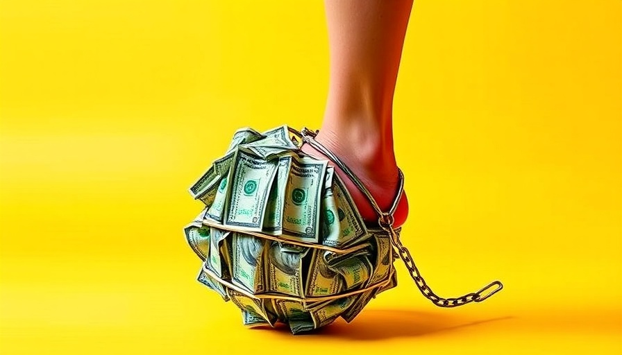 Conceptual image of tithing symbolized by a money ball chained to a foot.