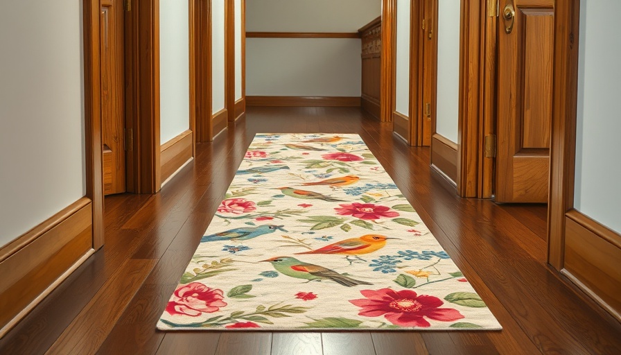 Ruggable runner with floral and bird design on a hardwood floor.