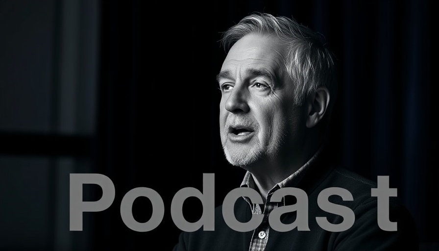 Podcast cover featuring speaker and title on dark background.