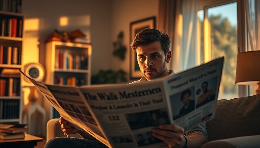 Person reading newspaper in cozy room, cinematic style, warm lighting.