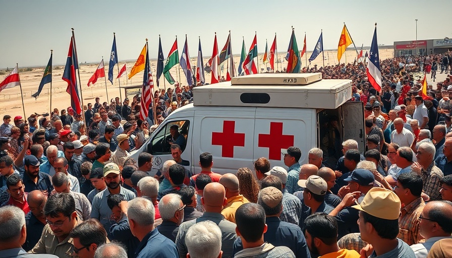 Red Cross vehicle amid crowd during Hamas hostage deal event.