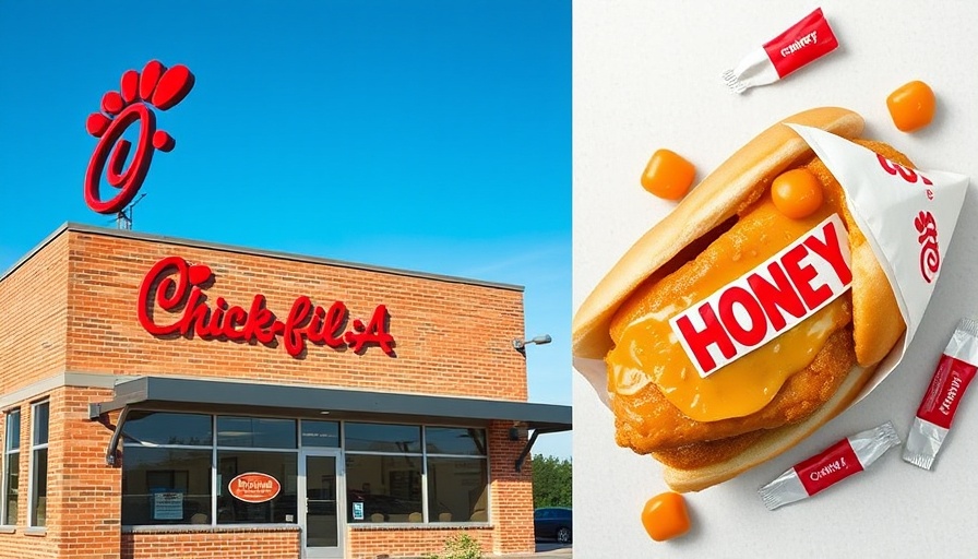 Chick-fil-A restaurant facade and hot honey chicken sandwich.