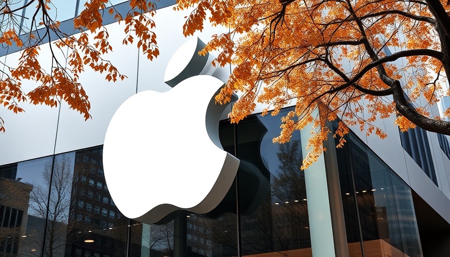 Large Apple logo on glass facade with autumn leaves, symbolizing corporate focus.