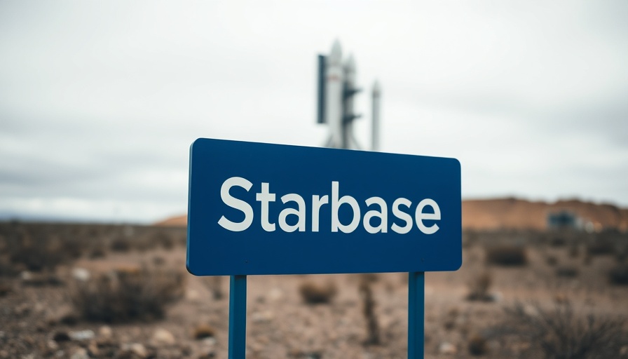 SpaceX Starbase sign near a launch structure, overcast sky.