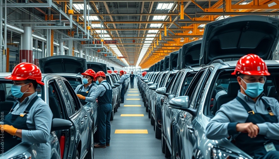 Chinese car factory workers assembling vehicles with machinery.