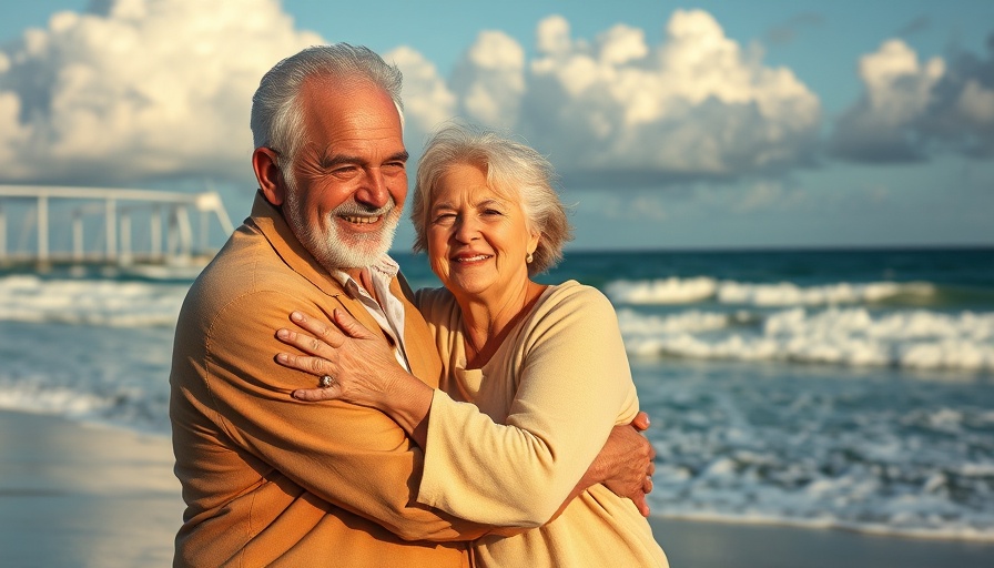 Elderly couple enjoying at the beach under a cloudy sky.