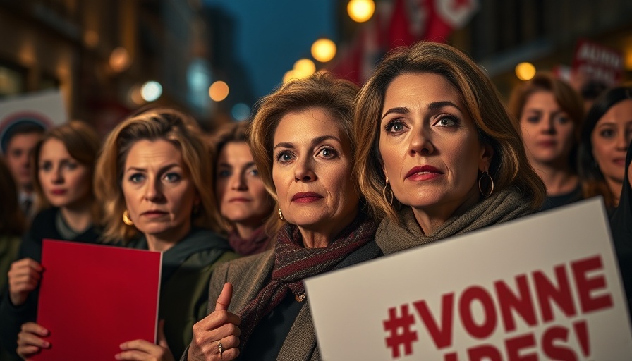 Women holding Sasha Troufanov posters at rally, nighttime setting.