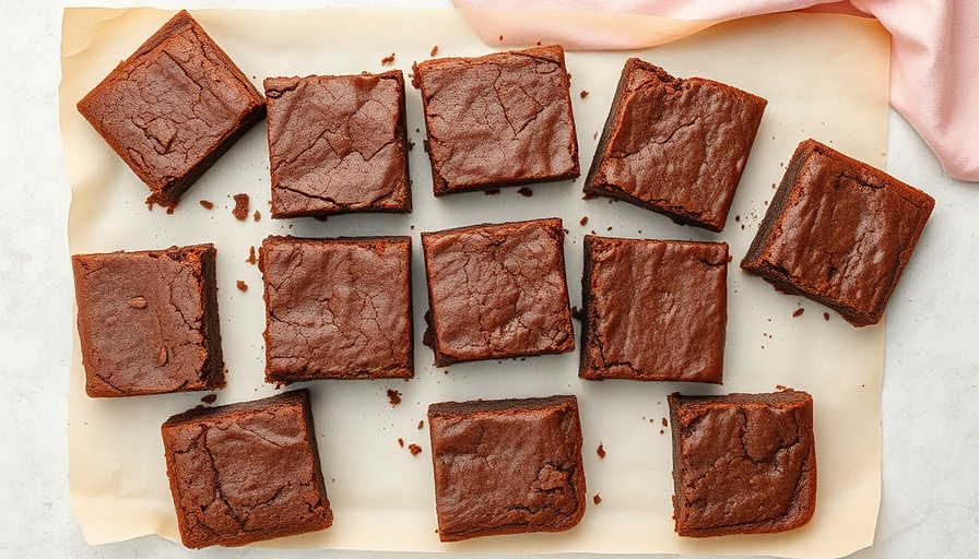 Gluten-free brownies neatly arranged on a parchment sheet with knife.