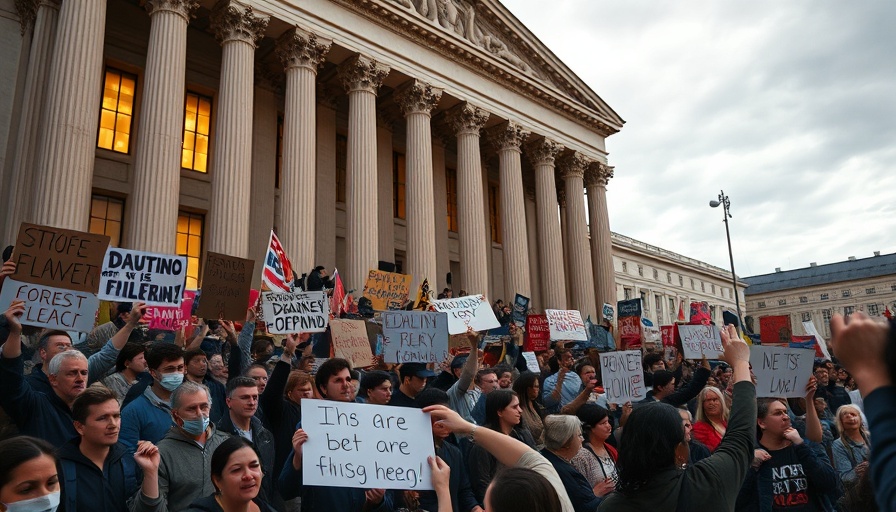 Protesters gathering outside a government building with Treasury audit signs