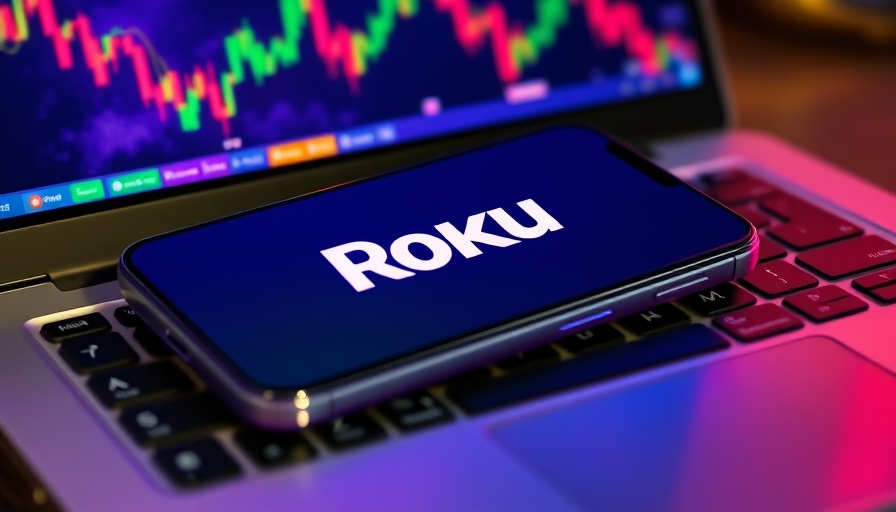 Roku logo on smartphone with stock graphics background.