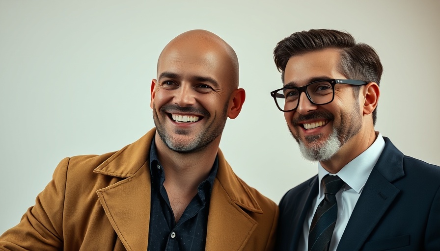 Stylish men in tan jacket and dark suit smiling, celebrating success.