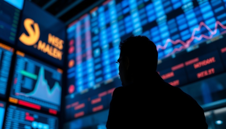 Silhouetted figure analyzing stock market screens on trading floor.