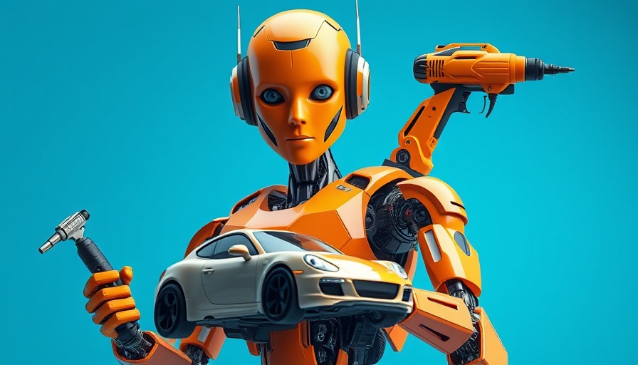 Futuristic humanoid robot with car and drill on blue background.