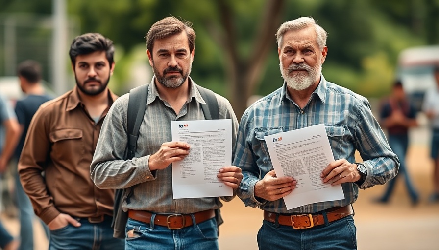 Men in casual attire holding documents during emotional reunions in an outdoor setting.