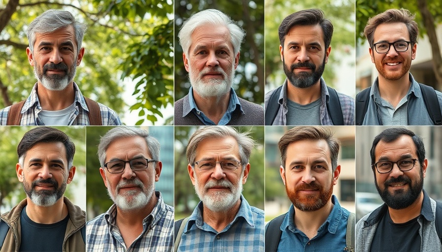 Collage of six men's portraits in casual settings.