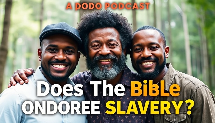 Podcast cover art questioning, 'Does the Bible endorse slavery?', with three smiling men.