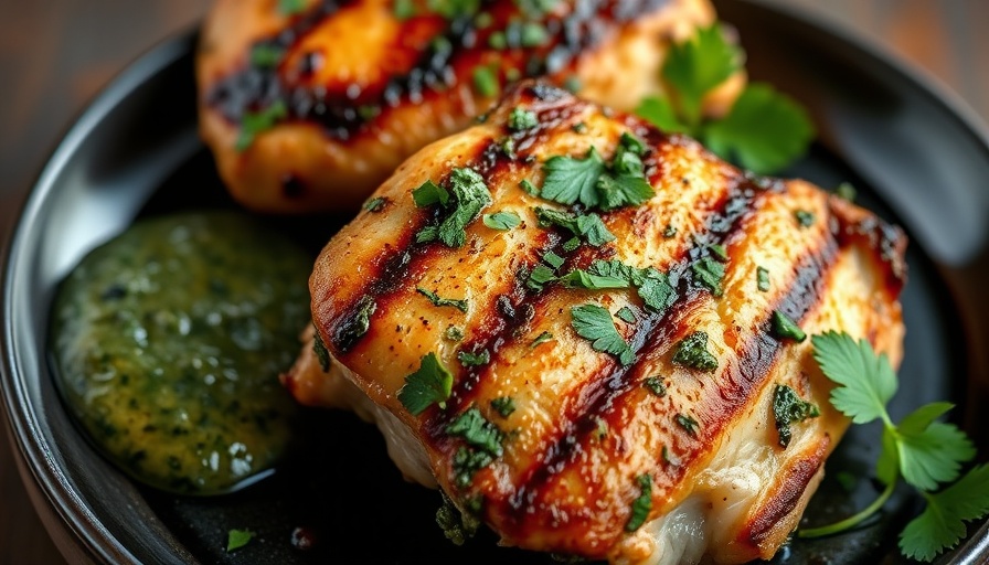 Juicy chimichurri chicken recipe served on plate with sauce.