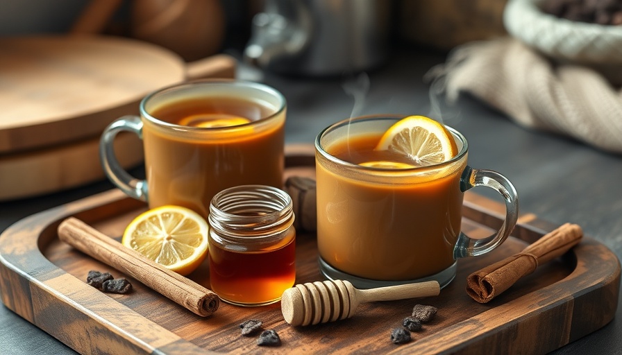 Steaming Bourbon Black Tea Hot Toddy with lemon slices and honey.