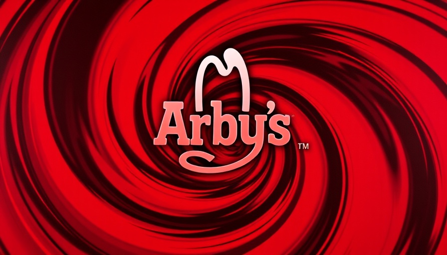 Stylized Arby's logo on dynamic red and black background.