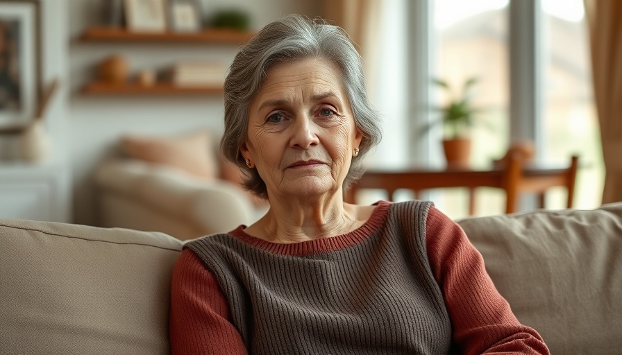 Serene mature woman on sofa expressing gratitude in warm living room.