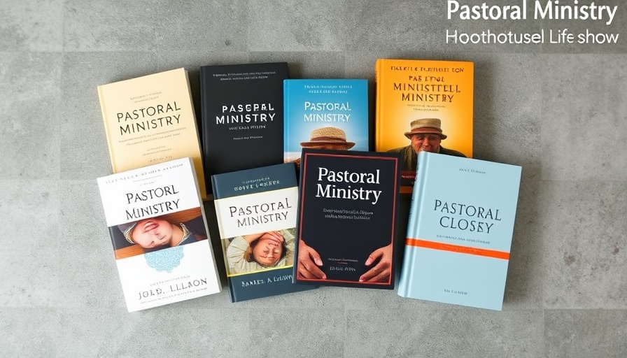 Books on pastoral ministry arranged on a textured surface.