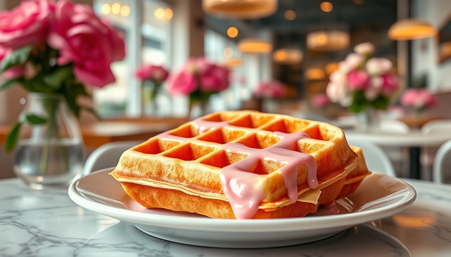 Artistic waffle at Black-owned cafe with floral ambiance.