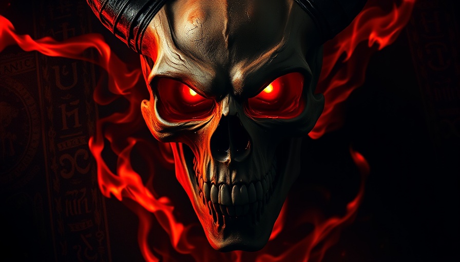 Diablo II demonic skull with glowing red eyes, dark flames.