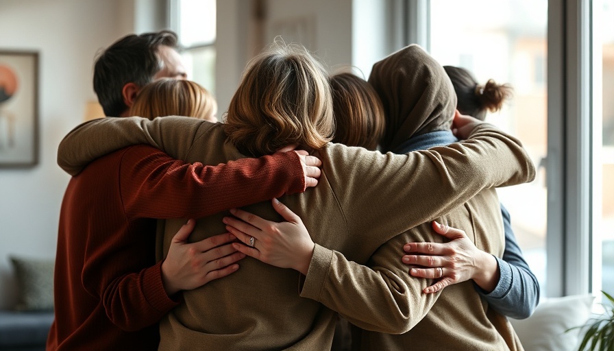 Emotional embrace with people hugging warmly indoors.