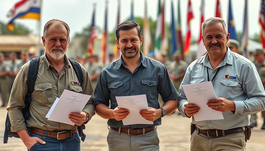 Three men with documents in military setting, serious expressions.