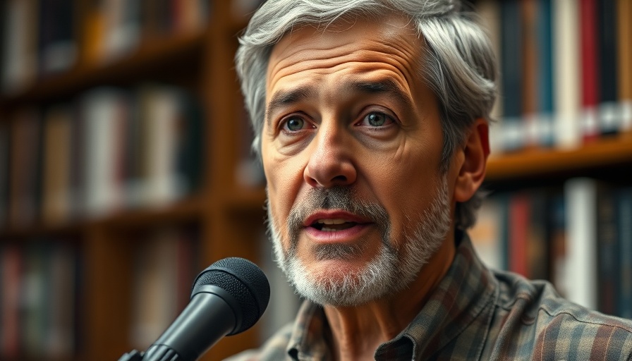 Man speaking into microphone in a library setting, Biblical Slavery Insights.