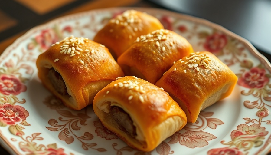 Golden brown mini sausage rolls topped with sesame seeds on a decorative plate