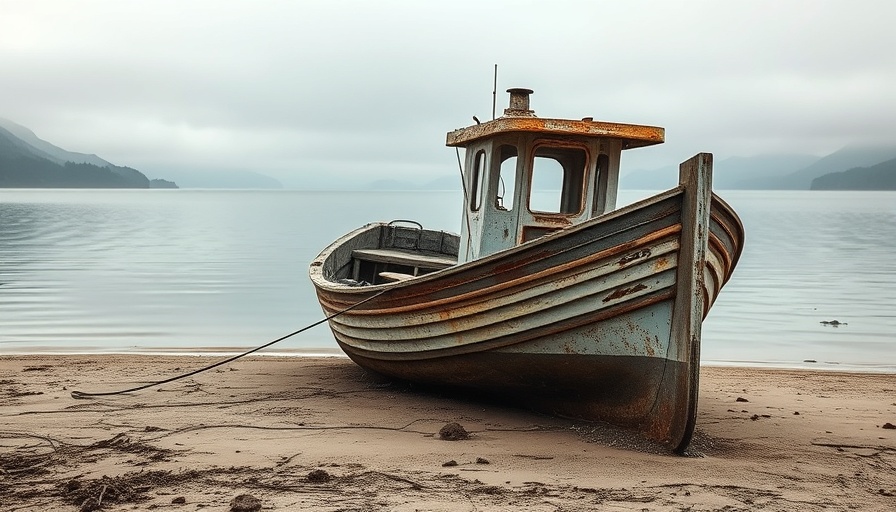 Weathered boat on shore, reminiscent and calm.