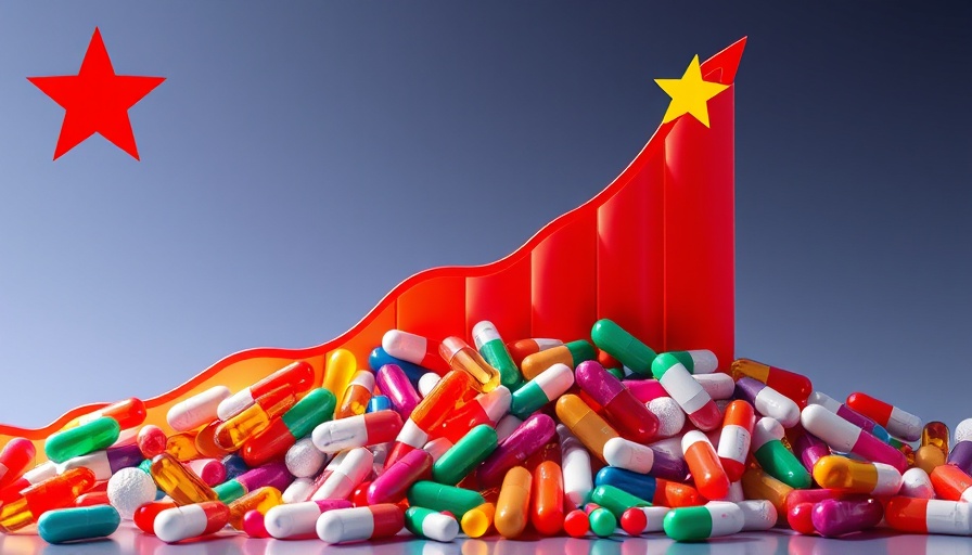 China's Medicines Innovations illustration with pills and rising graph.