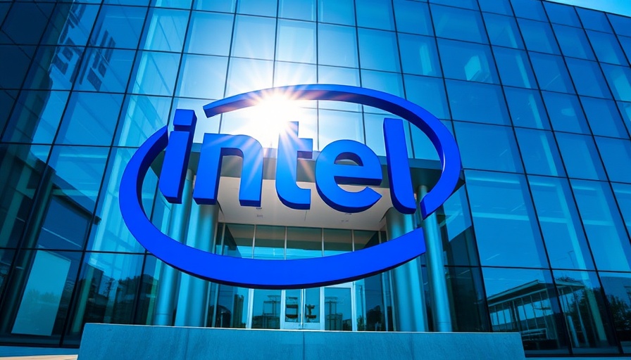 Intel logo at building entrance under sun, reflecting on glass.