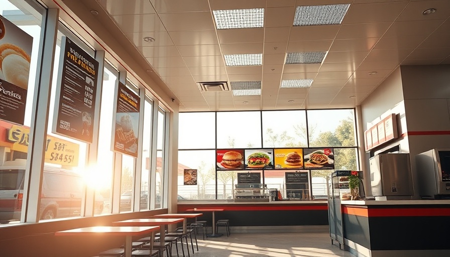 Fast food restaurant interior with promotional posters, restaurant sales trends 2025.