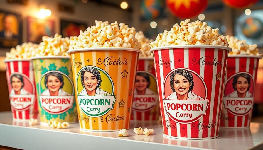 Colorful commemorative popcorn buckets filled with popcorn.