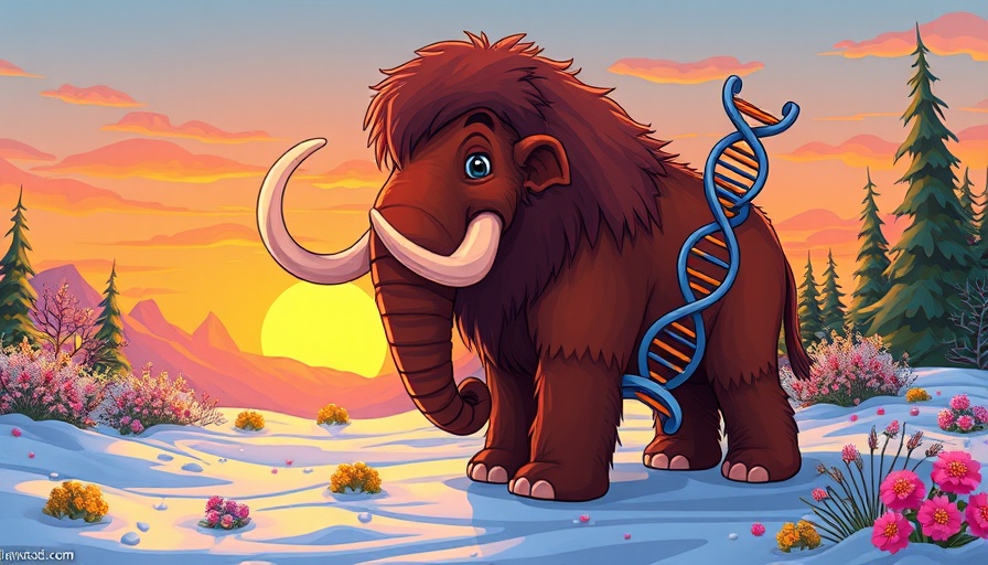 Cartoon woolly mammoth and DNA strand in vibrant landscape, ancient DNA research.