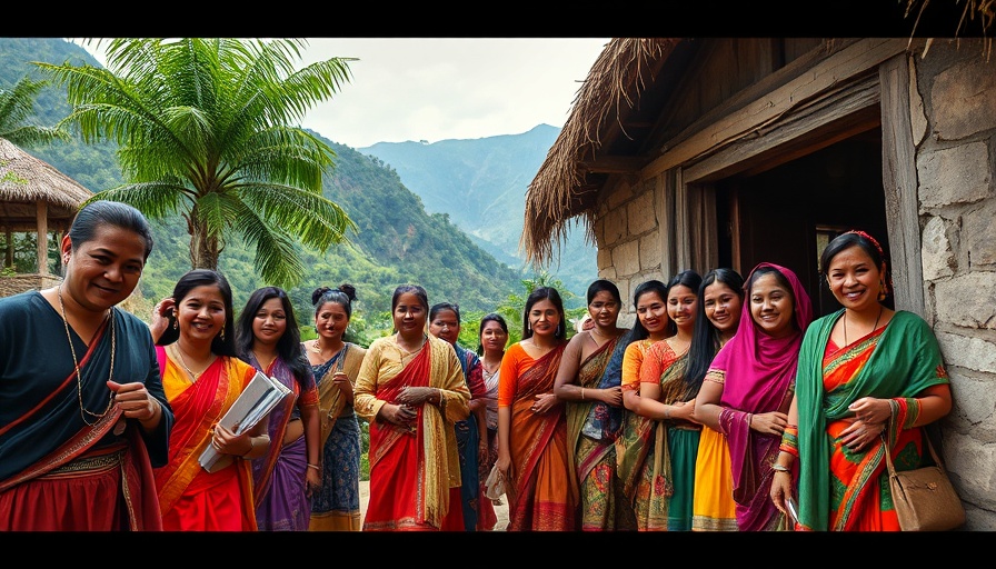 Group leaving a rustic church amidst greenery, representing diverse Indian culture.