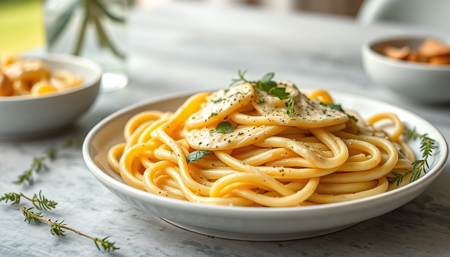 Trader Joe's Caramelized Onion Dip Pasta garnished with herbs in a bowl.